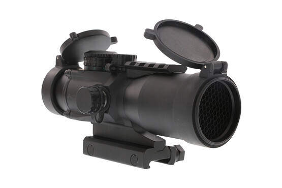 The Primary Arms anti-reflection device killflash for the 5x prism optic fits under the flip up scope covers